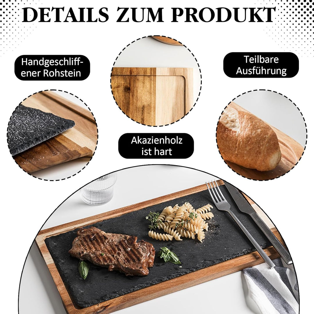Schieferplatte Servierplatte, Für Steak und Grill Geschirr, Käsebrett aus Akazien-Holz und Natürlich