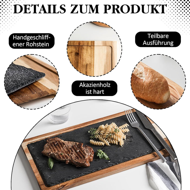 Schieferplatte Servierplatte, Für Steak und Grill Geschirr, Käsebrett aus Akazien-Holz und Natürlich