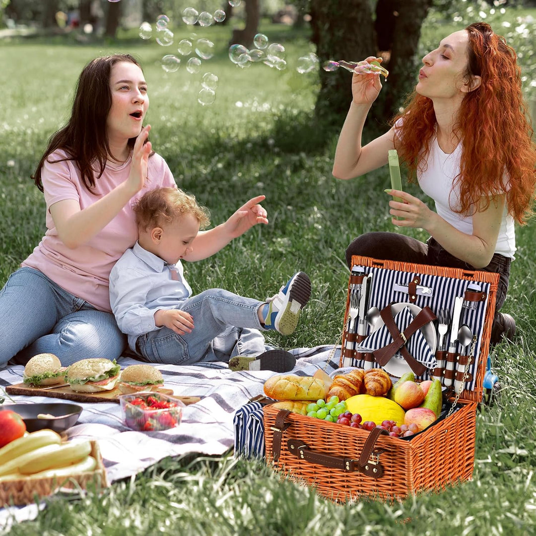Picknickkorb,Picknickkorb 4 Personen mit Grossem Isoliertem Kühlfach und wasserdichte Picknickdecke,