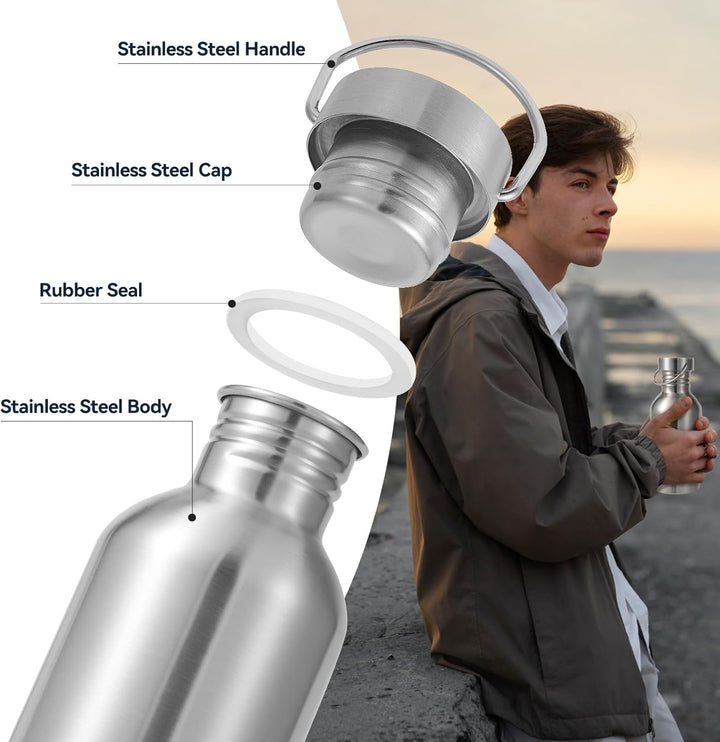 Volhoply 500ml nicht isolierte einwandige Wasserflasche 4 Packung, Edelstahl wiederverwendbare Wasse