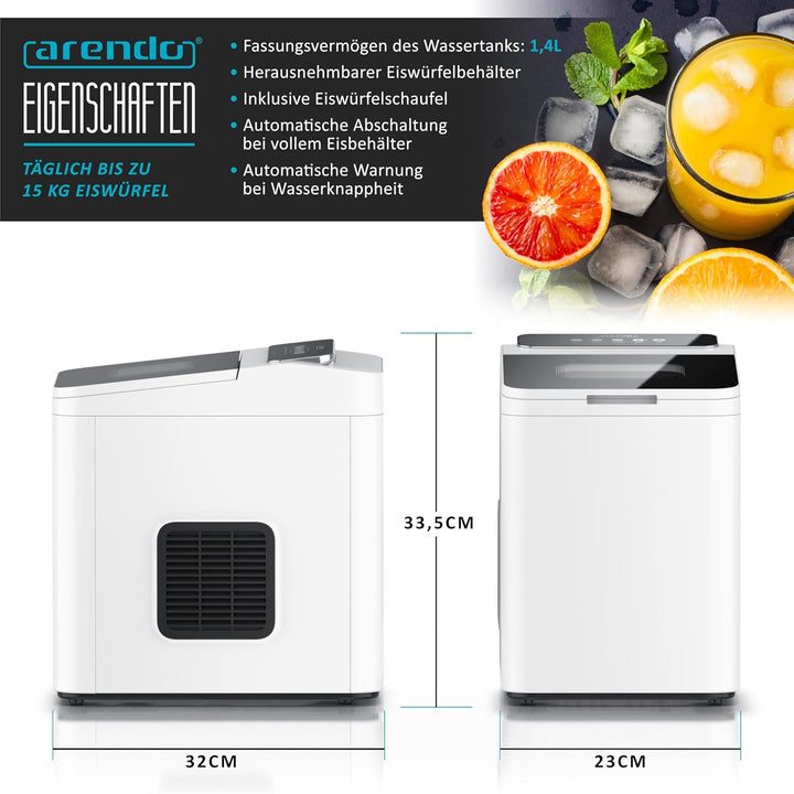 Arendo - Eiswürfelmaschine Edelstahl – Eiswürfelbehälter 1,4 Liter - 2 Eiswürfelgrössen S und L - mi