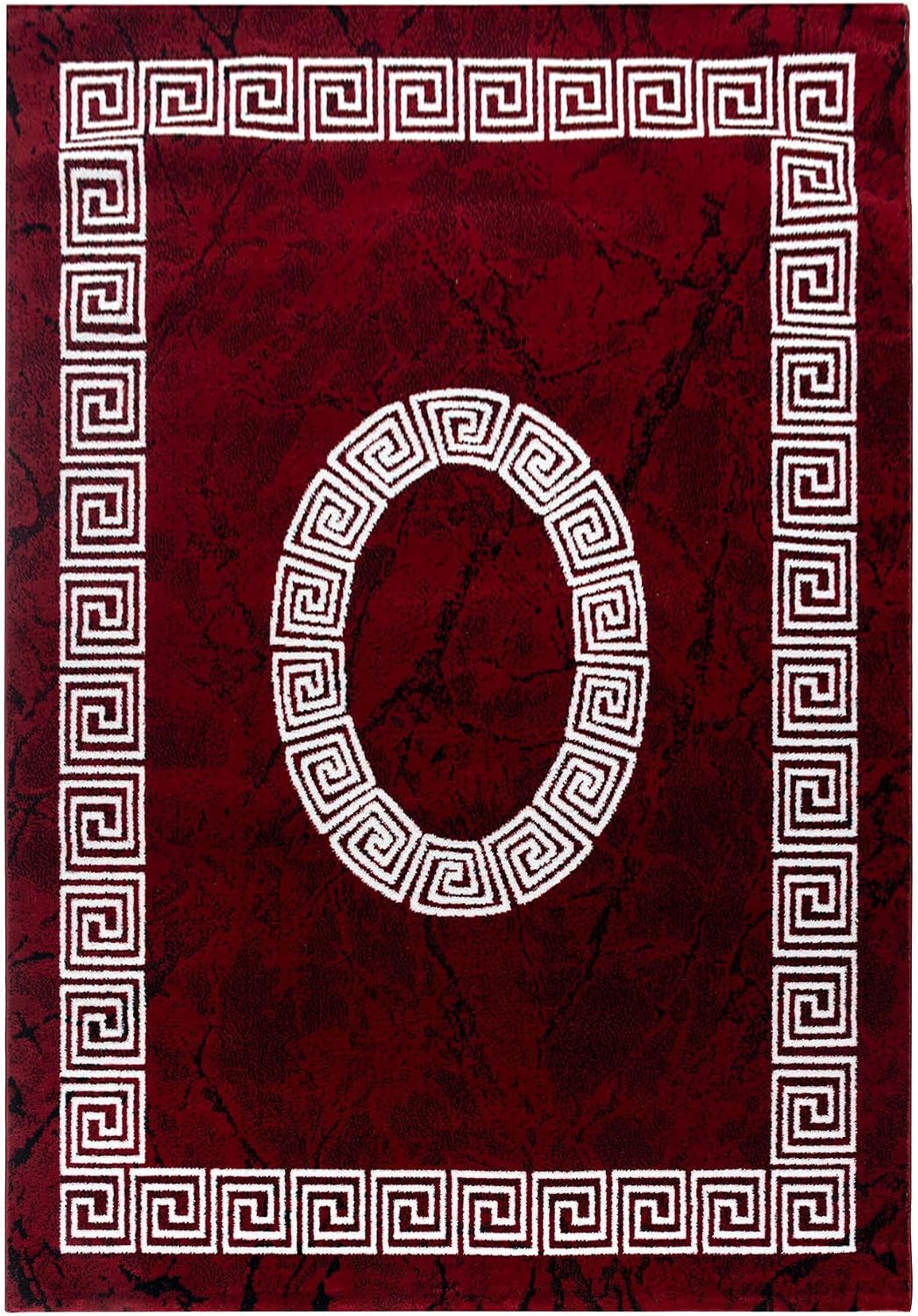 Carpetsale24 Teppich Wohnzimmer Marmor Optik mit Mäander Bordüre Muster Rot Meliert 240 x 340 cm - K
