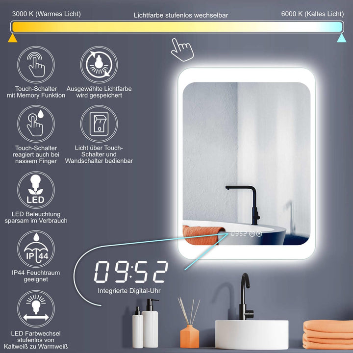 HOKO® LED Badspiegel 50x70 cm Weimar. Moderner Lichtspiegel fürs Bad mit Uhr und mit Touch Schalter