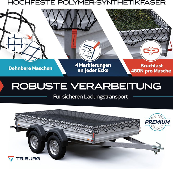 TRIBURG Anhängernetz Dehnbar 2x3 m bis 3x4 m | Elastisches Anhänger Netz mit Eckmarkierungen und Gum