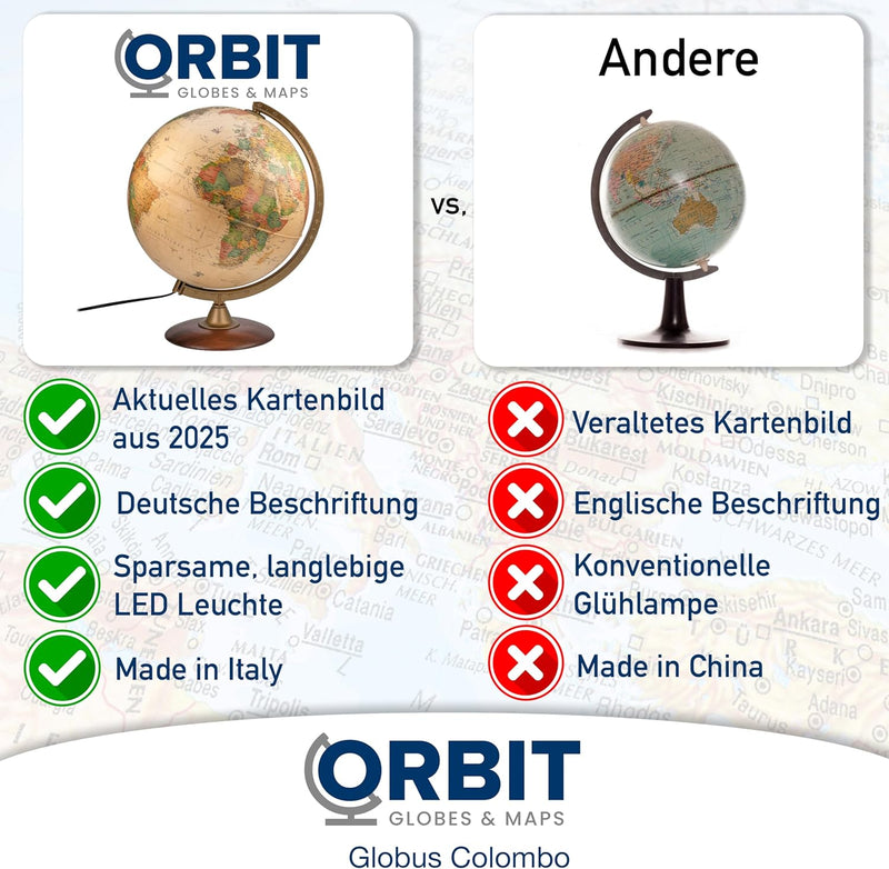 ORBIT Globes & Maps - Retro Leuchtglobus im antiken Stil - 30cm Vintage-Globus mit stabilem Standfus