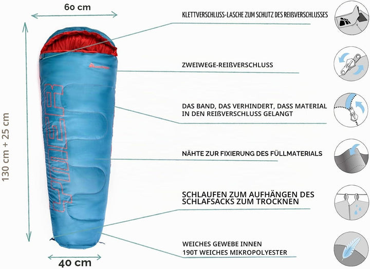 meteor Ymer Ultraleicht Kinderschlafsack – Temperaturbereich –5°C bis 11°C – komfortabler Schlafsack