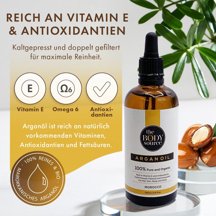 Reines Arganöl 100ml. 100% kalt gepresst und zertifiziert biologisch für Gesicht, Haare, Haut, Nägel