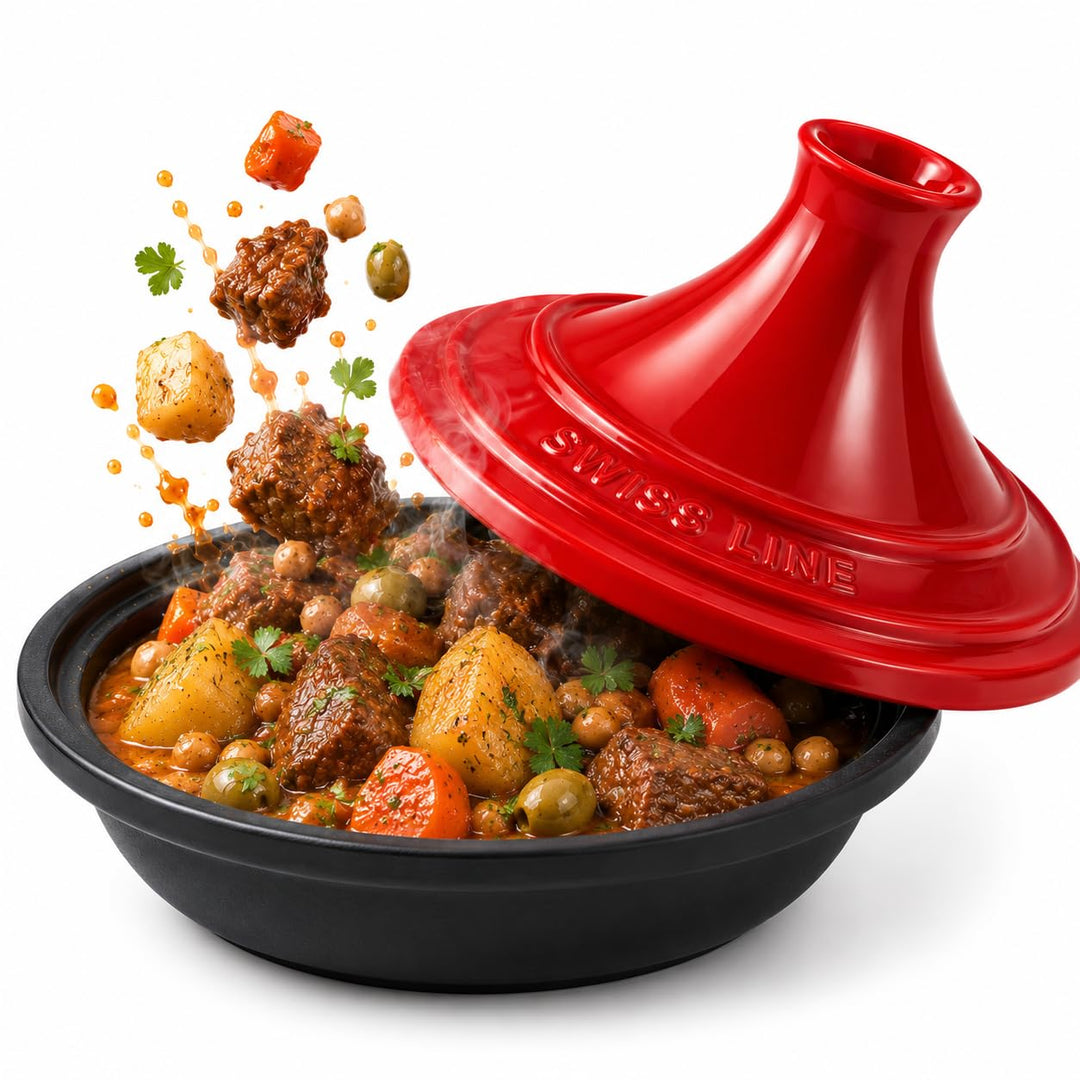 Swiss Line Tajine Topf 30 cm Gusseisen mit Keramikdeckel – Marokkanischer Schmortopf für 2–5 Persone