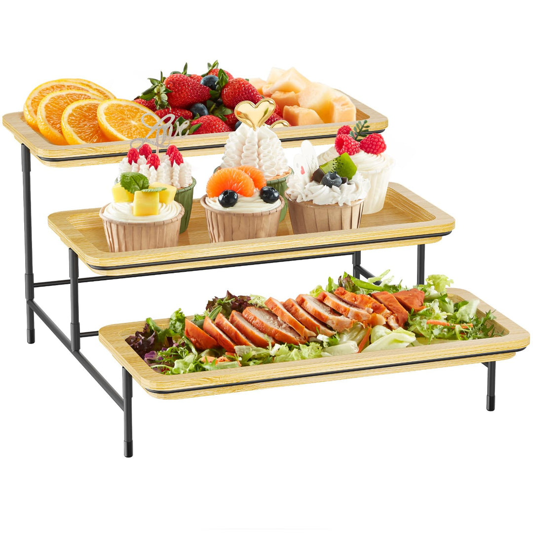 Lifewit 3 Etagen Bambus Servierplatte, 30 x 17 cm Serviertablett mit Schwarzer Metallständer für Par