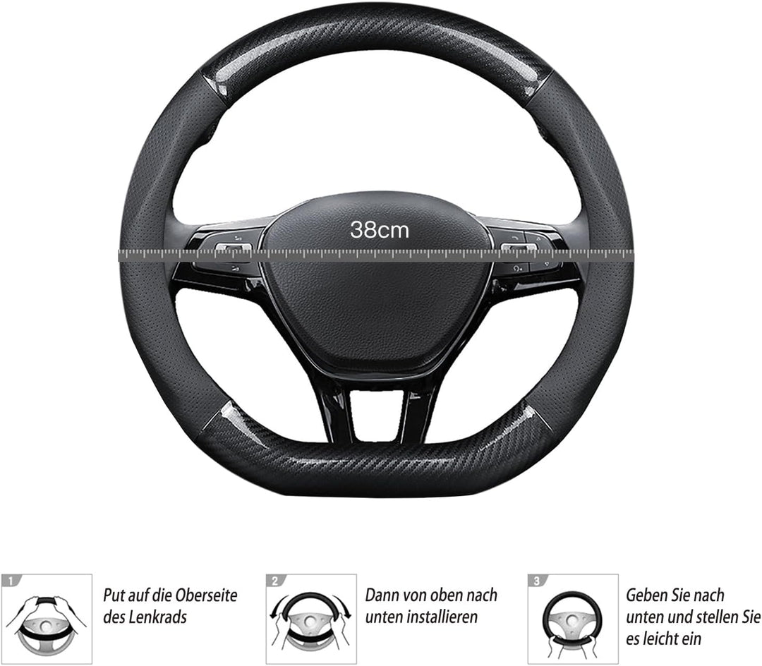 Ergocar Auto Lenkradbezug Rutschfester Auto Lenkradschutz D-Form Kohlefaser & PU Leder für Durchmess