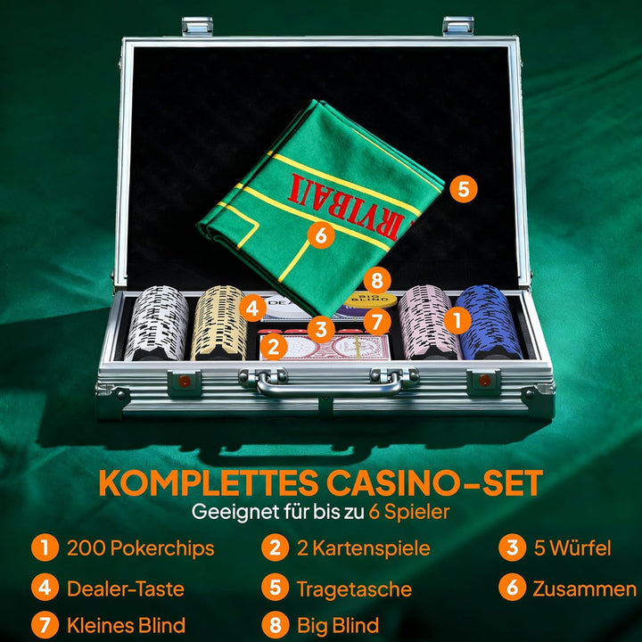 SPORTNOW Pokerkoffer abschliessbar Pokerset mit Koffer 200 Clay Chips Karten 5 Würfel Dealer Button