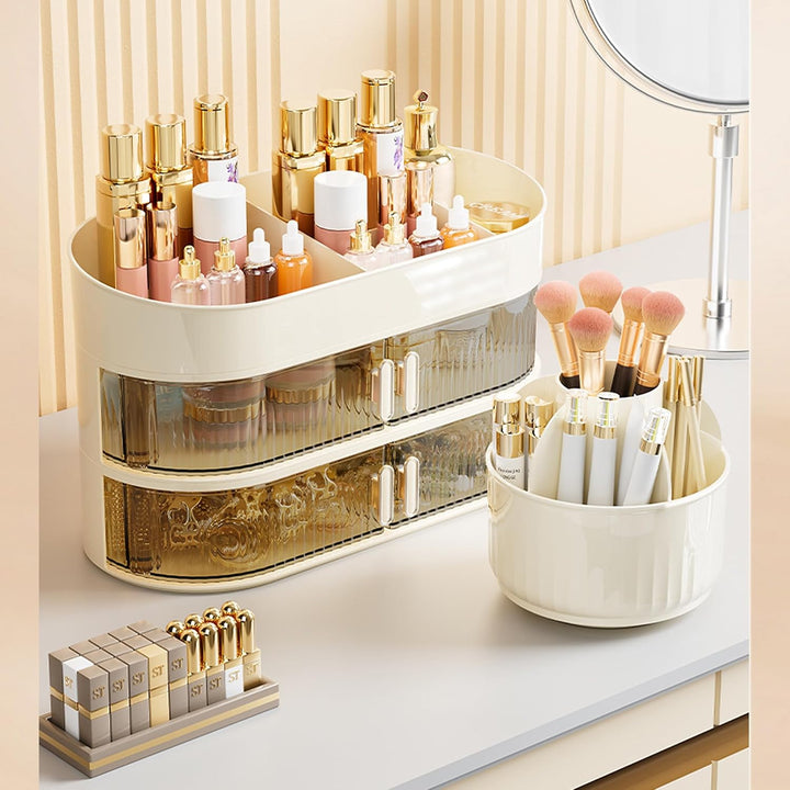Make Up Kosmetik Organizer 360° Drehbar Mit Zwei Kleinen Schubladen für Schminktisch Schlafzimmer Ba