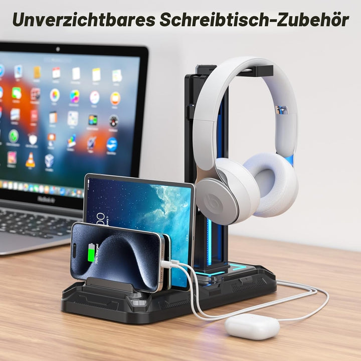 KDD Headset Halterung Led mit Ladestation - PS5 Controller Halter & Kopfhörer Ständer Tisch mit 9 Li