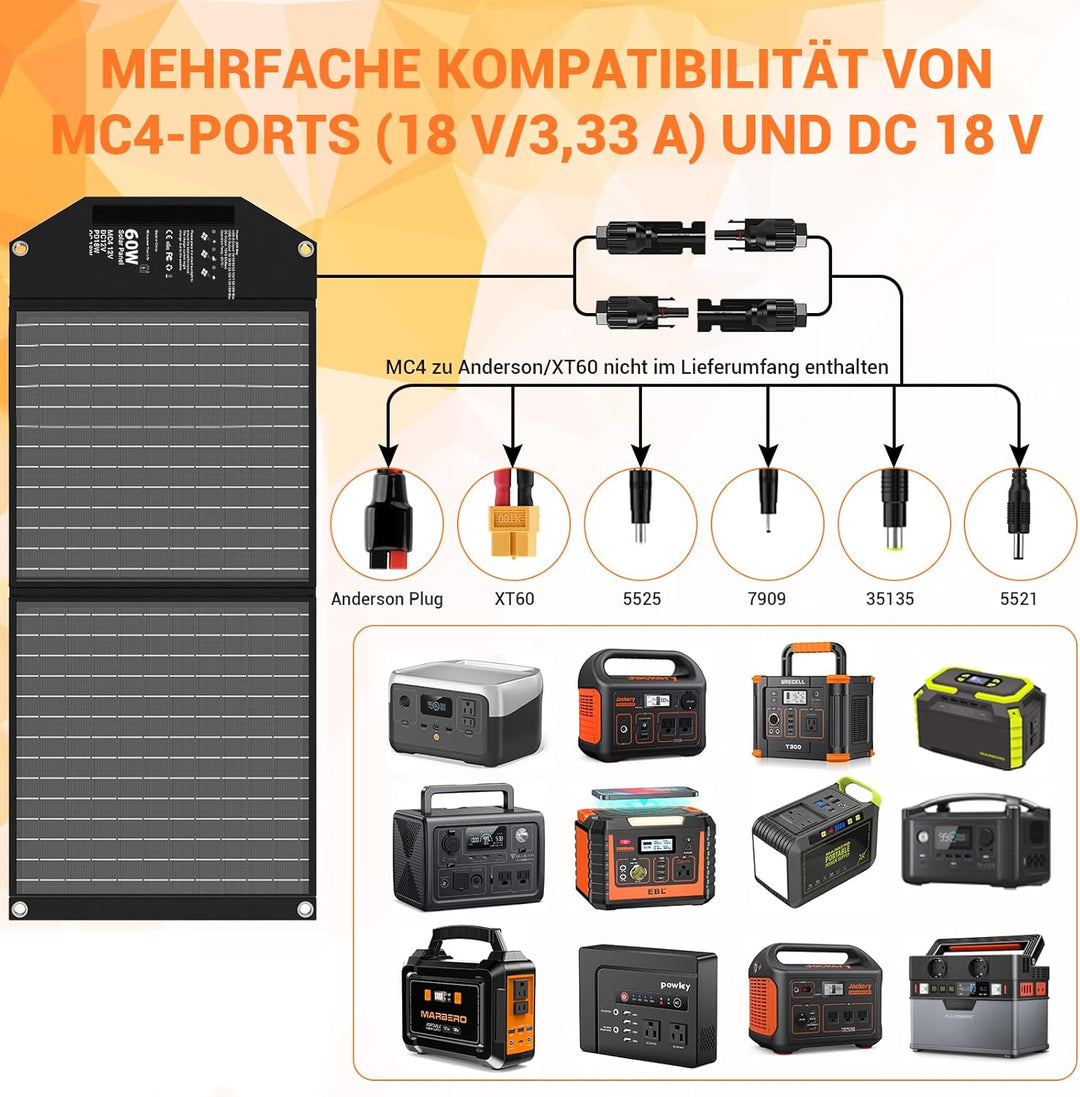 Mesuvida 60W Solarpanel Faltbar mit 5 Anschlüssen, 18V MC4 höhere Leistung / 12 V DC/QC 3.0 USB-A un