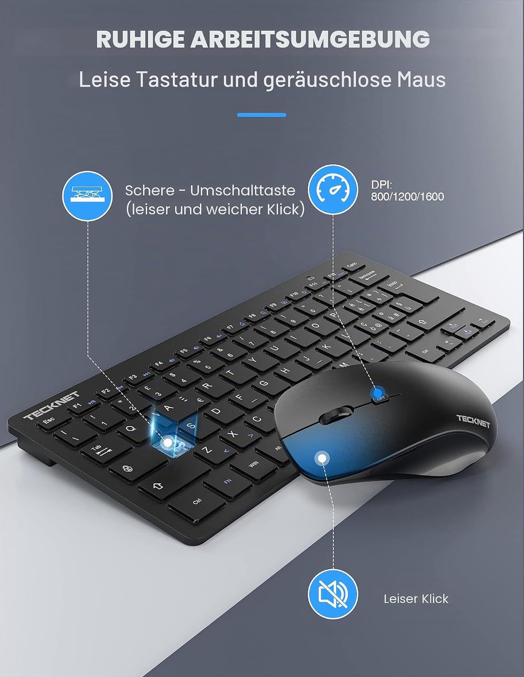 TECKNET Italienische QWERTY-Tastatur und Maus, 2.4G kabellose Tastatur und leise Maus mit Nano-USB-E
