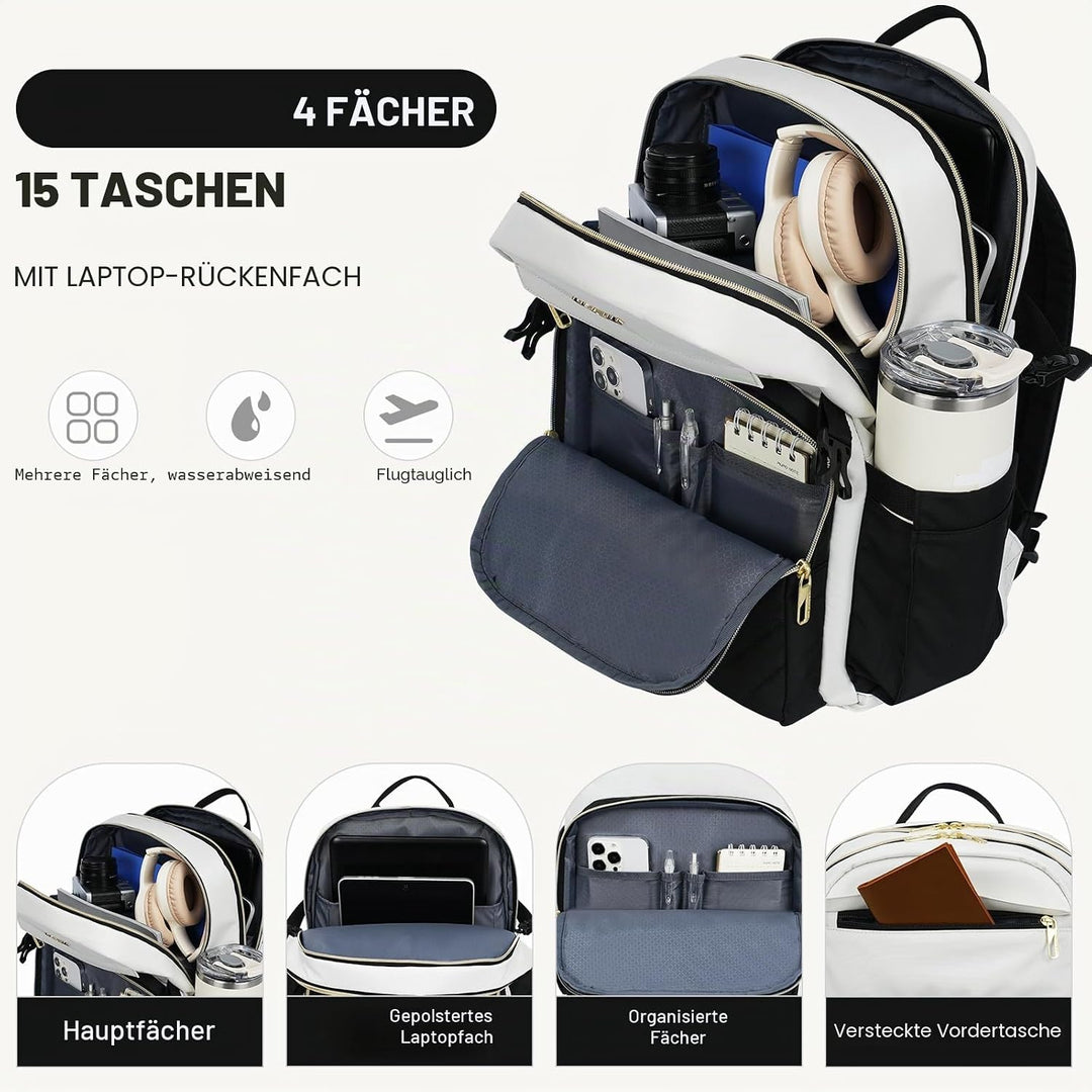 VANKEAN Laptop-Rucksack für Damen, beige-schwarz, 15.6 inch 15.6 inch Beige-schwarz, 15.6 inch Beige