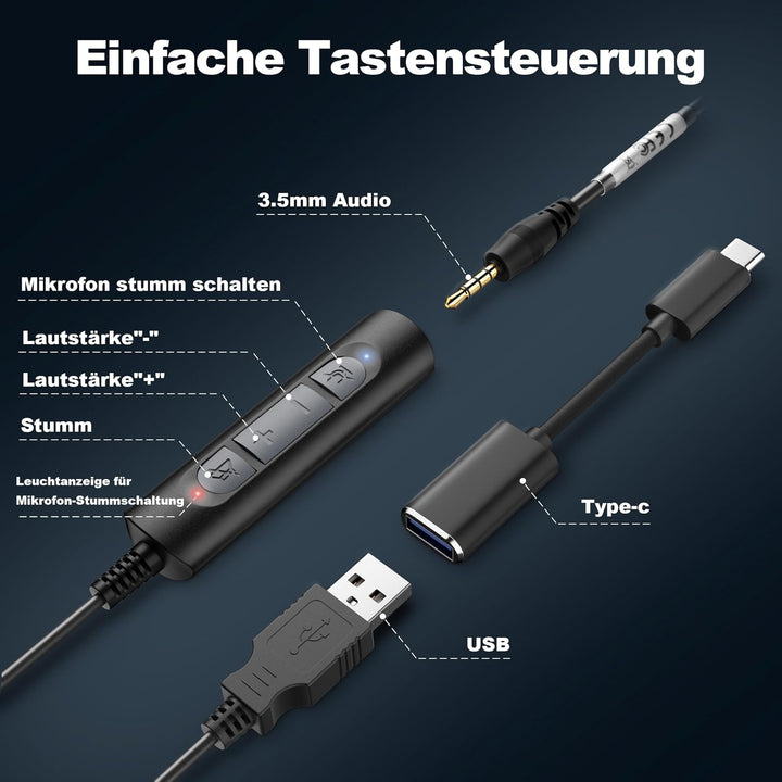 Voistek USB Headset mit Mikrofon für Laptop PC, Typ C-USB-3,5mm Jack, Wired On-Ear Kopfhörer mit Ger