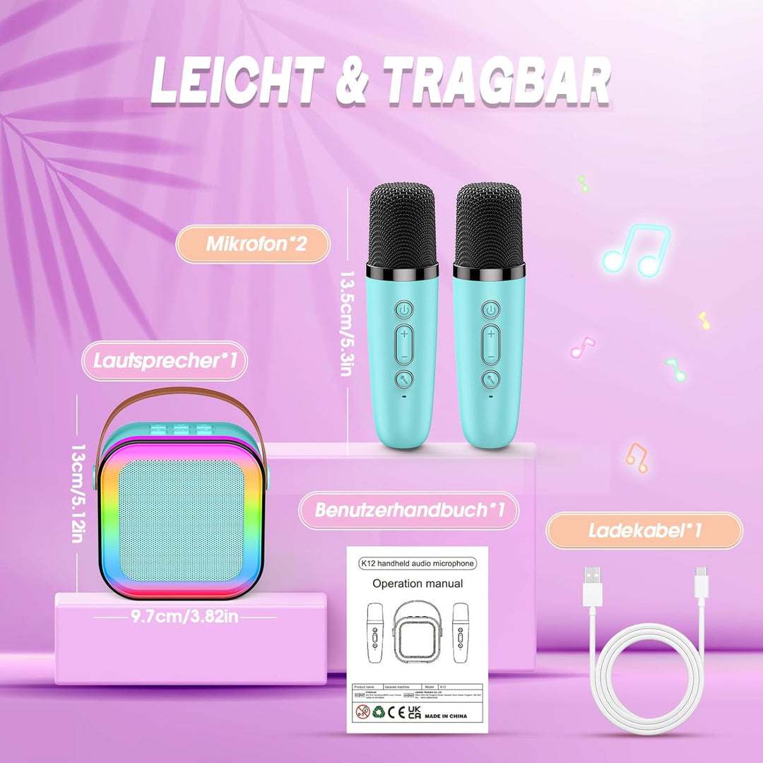 Karaoke Maschine mit 2 Karaoke Mikrofon Bluetooth, Geschenk Spielzeug Junge 3-12 Jahre, Tragbarer Mi