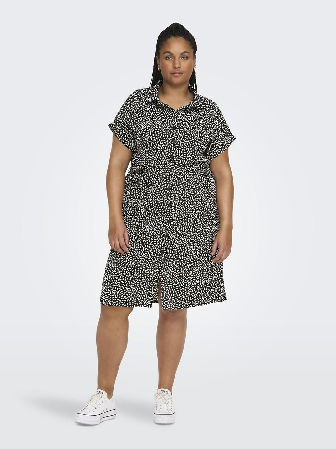ONLY Damen Cardiega Ss Blk Shirt Dress WVN Noos Kleid 44 Grosse Grössen Black/Aop:cloud Dancer Graph