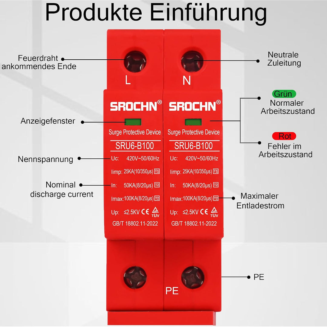 Warmfay Überspannungsschutz PV B+C(T1+T2) 2P 25-100KA, 420V DC Photovoltaic Lightning Protector Nied
