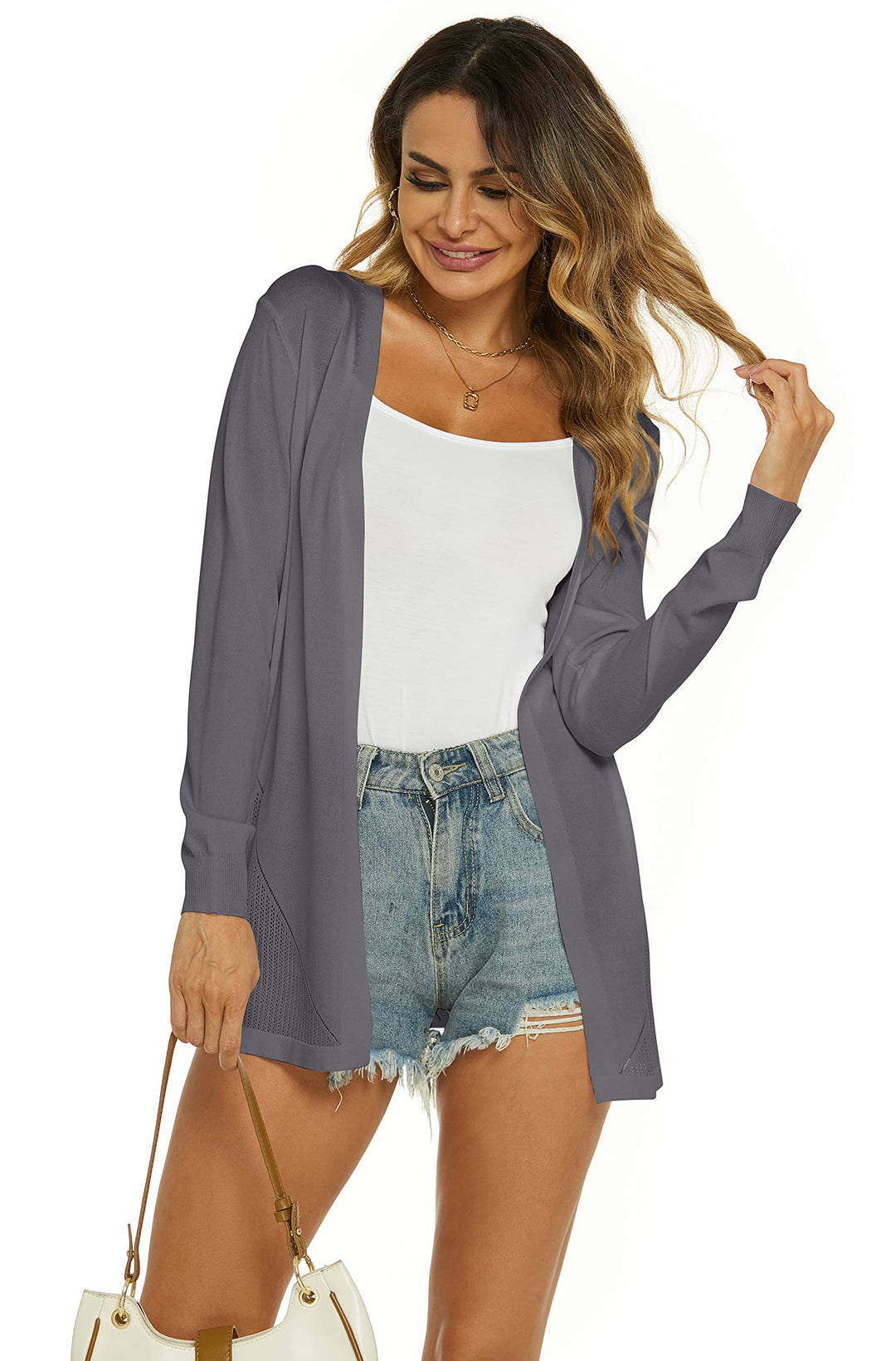 Damen Strickjacke Sommer Cardigan Elegant Lang Jacke Leichte Langarm Offene Strickjacke Sommerjacke,