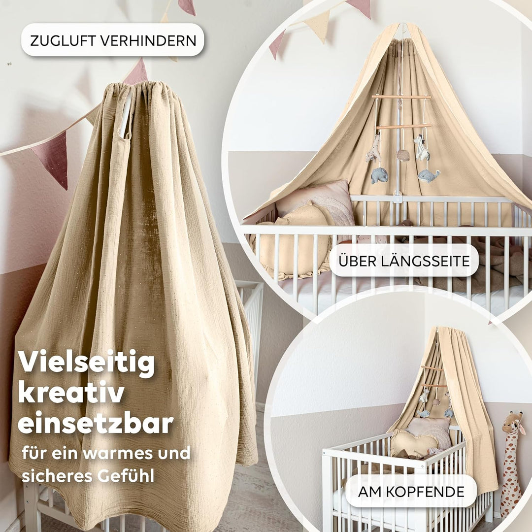 Betthimmel Babybett mit Goldapplikationen [in 12 Farben] Himmel Babybett aus 100% Baumwolle Musselin
