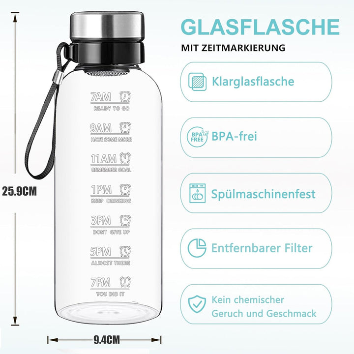 RNCKUUE 1.5 Liter Glasflasche, 1.5l Glas Trinkflasche, Wasserflasche Glas mit Sieb, Neoprenhülle, Fl