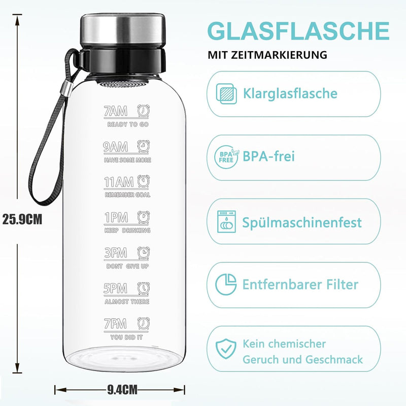 RNCKUUE 1.5 Liter Glasflasche, 1.5l Glas Trinkflasche, Wasserflasche Glas mit Sieb, Neoprenhülle, Fl
