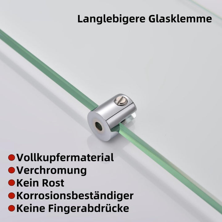 Glasregal Glasablage Wandregal Glas 8mm Hartglas,Klarglas + Chrom Glasklemme,Glas Regal für Badezimm