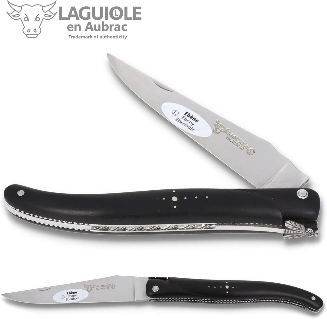 Laguiole en Aubrac Taschenmesser 'Perle' - 12 cm - Voller Griff Ebenholz - Verzierte Platinen - Stah