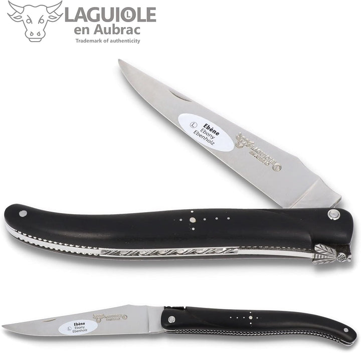 Laguiole en Aubrac Taschenmesser 'Perle' - 12 cm - Voller Griff Ebenholz - Verzierte Platinen - Stah