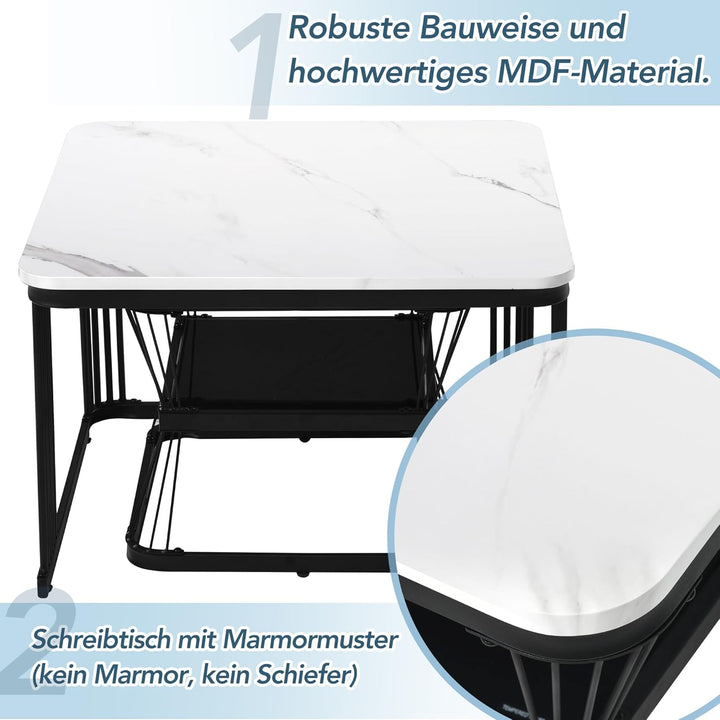 Merax Quadratisch Couchtisch 2er Set, Moderne Wohnzimmertisch mit Marmoroptik, Hochglänzend Satztisc