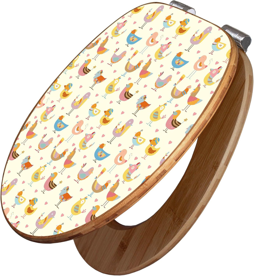 banjado® Design WC Sitz Bambus Absenkautomatik mit Motiv Lustige Vögel/Toilettendeckel mit Absenkaut