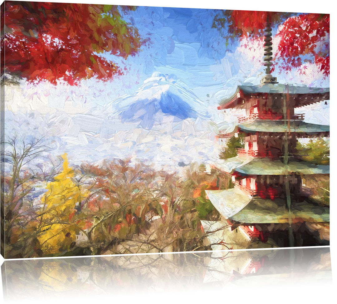 Pixxprint Japanischer Tempel im Herbst Pinsel Effekt, Format: 100x70 auf Leinwand, 100x70