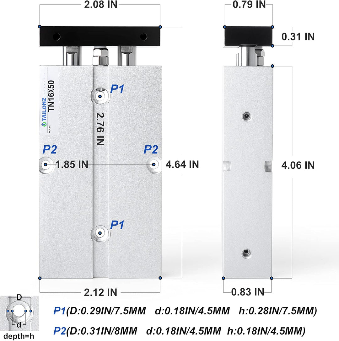 TAILONZ PNEUMATIC 16mm Bohrung 50mm Hub Doppelstange Doppeltwirkend Aluminium Druckluftzylinder TN16
