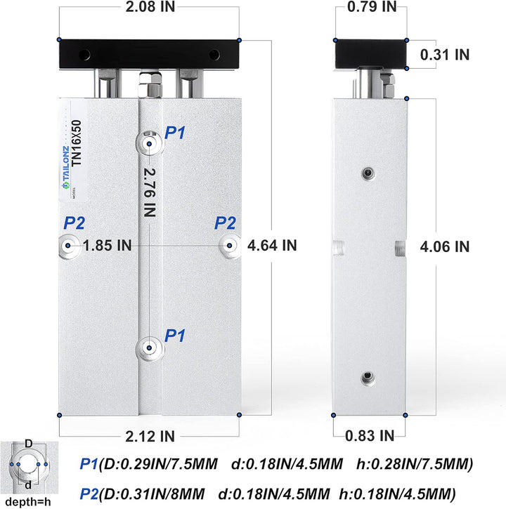TAILONZ PNEUMATIC 16mm Bohrung 50mm Hub Doppelstange Doppeltwirkend Aluminium Druckluftzylinder TN16