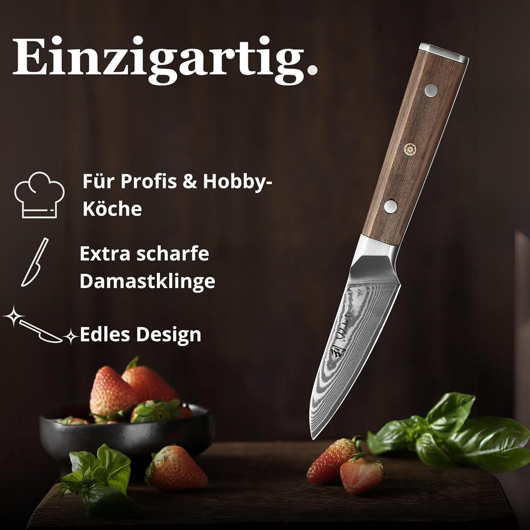 Wakoli Damast Küchenmesser Gemüsemesser mit 8 cm Klinge aus 67 Lagen Damaststahl und VG10 Kern, Waln