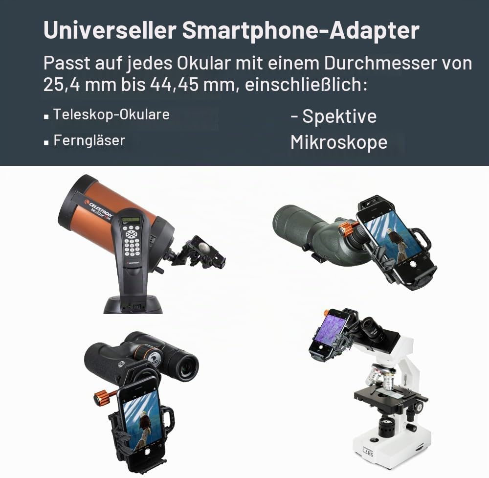 Celestron 81038 NexGo DX Universelles Smartphone Adapter-Set für Digiscoping und Astroimaging mit Bl