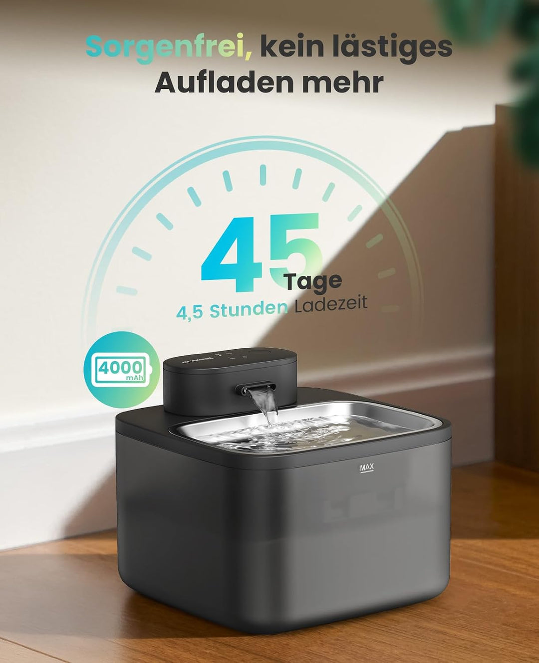 Oneisall 2.2L Kabelloser Katzenbrunnen Edelstahl mit Bewegungsmelder Katze | 4000mAh Akku 45 Tage La