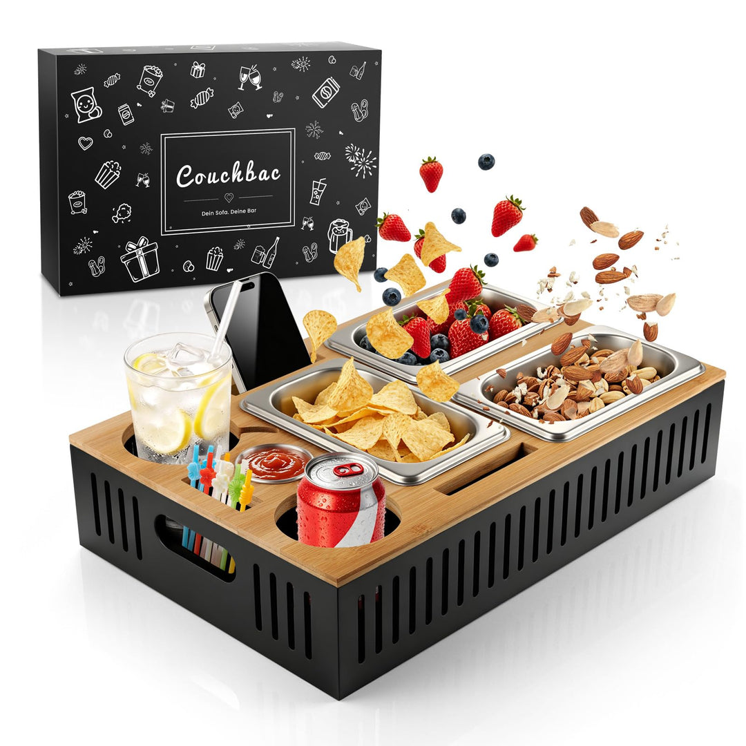 Couchbar Snackbox, Sofa Tablett mit 3 Edelstahl-Schalen 550 ml und Dip-Schale 30 ml, 2-in-1 abnehmba