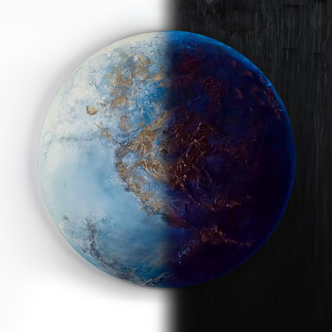 YS-Art Abstrakt Fluoreszierendes selbst leuchtendes Acryl 3D Gemälde auf runder Leinwand Neptun hand