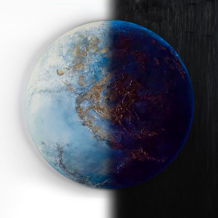 YS-Art Abstrakt Fluoreszierendes selbst leuchtendes Acryl 3D Gemälde auf runder Leinwand Neptun hand