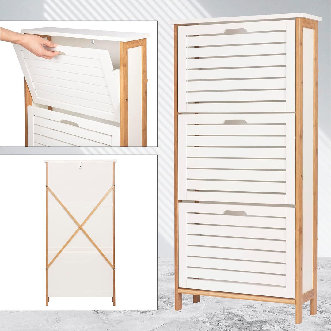 ONVAYA® Bambus Schuhkipper in Weiss | Platzsparender Schuhkipper mit 3 Klappen | Schmaler Schuhschra
