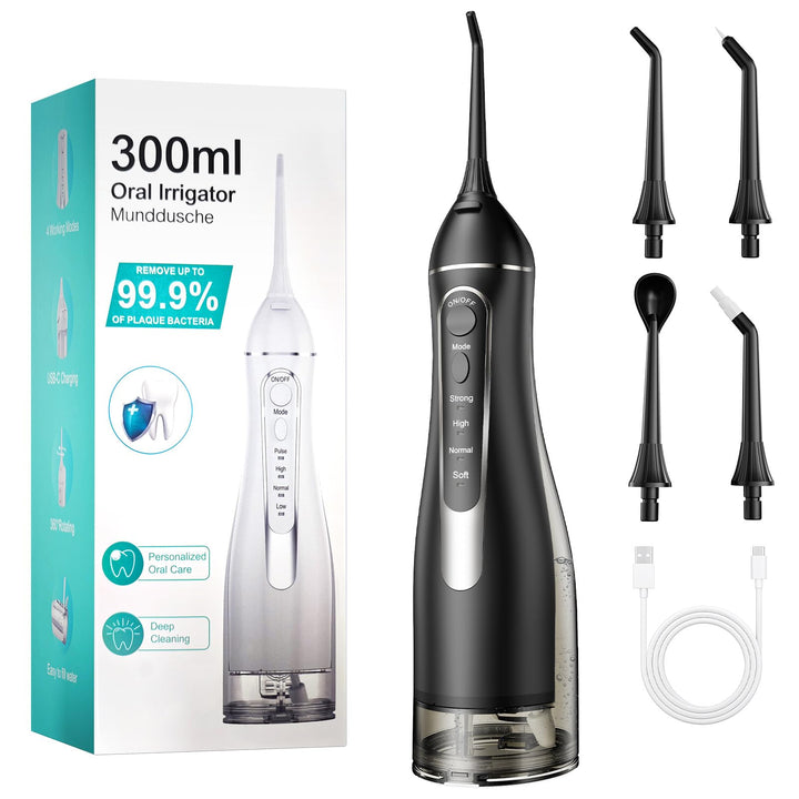 Munddusche Kabellos, Tragbar Elektrische Zahndusche 4 Modi & 4 Düsen, 300ML Oral Irrigator Munddusch