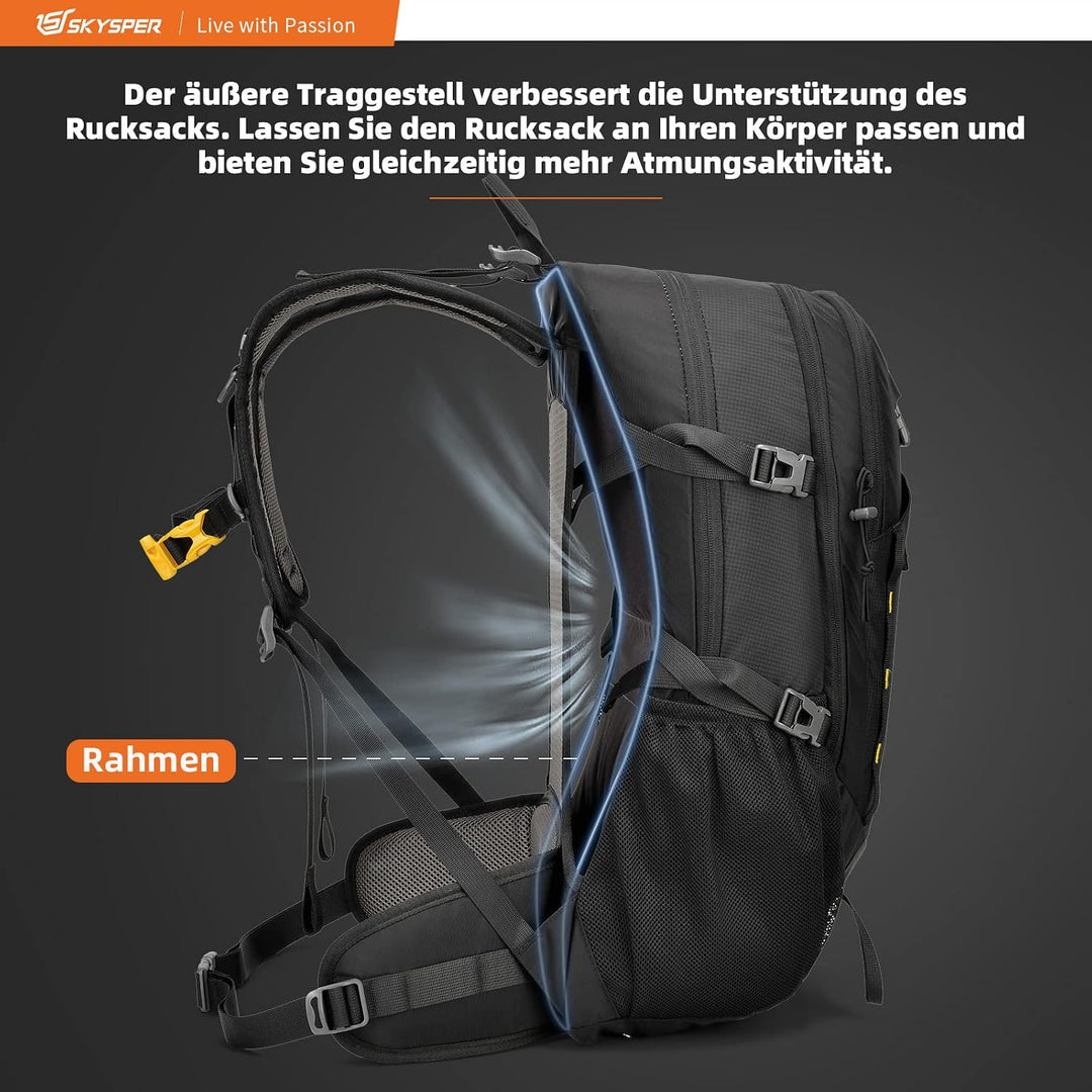 SKYSPER Wanderrucksack 30L Trekkingrucksack Wasserfest mit Rückenbelüftung und Netzrücken Tagesausfl