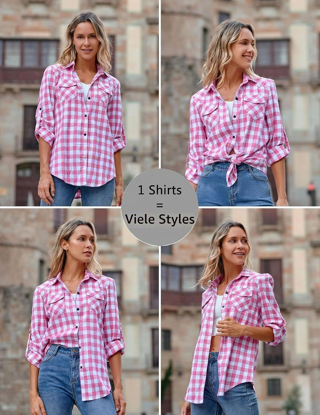 UNibelle Damen Kariertes Hemd mit Knopfleiste Kurz/Langarm Oktoberfest Bluse Karo Tunika Baumwolle T
