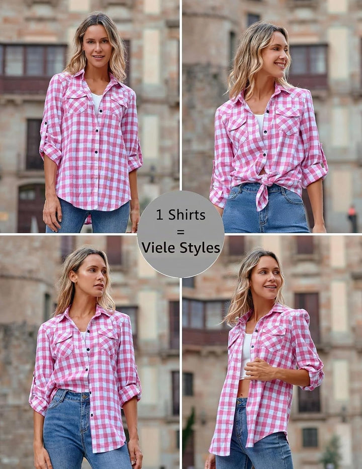 UNibelle Damen Kariertes Hemd mit Knopfleiste Kurz/Langarm Oktoberfest Bluse Karo Tunika Baumwolle T