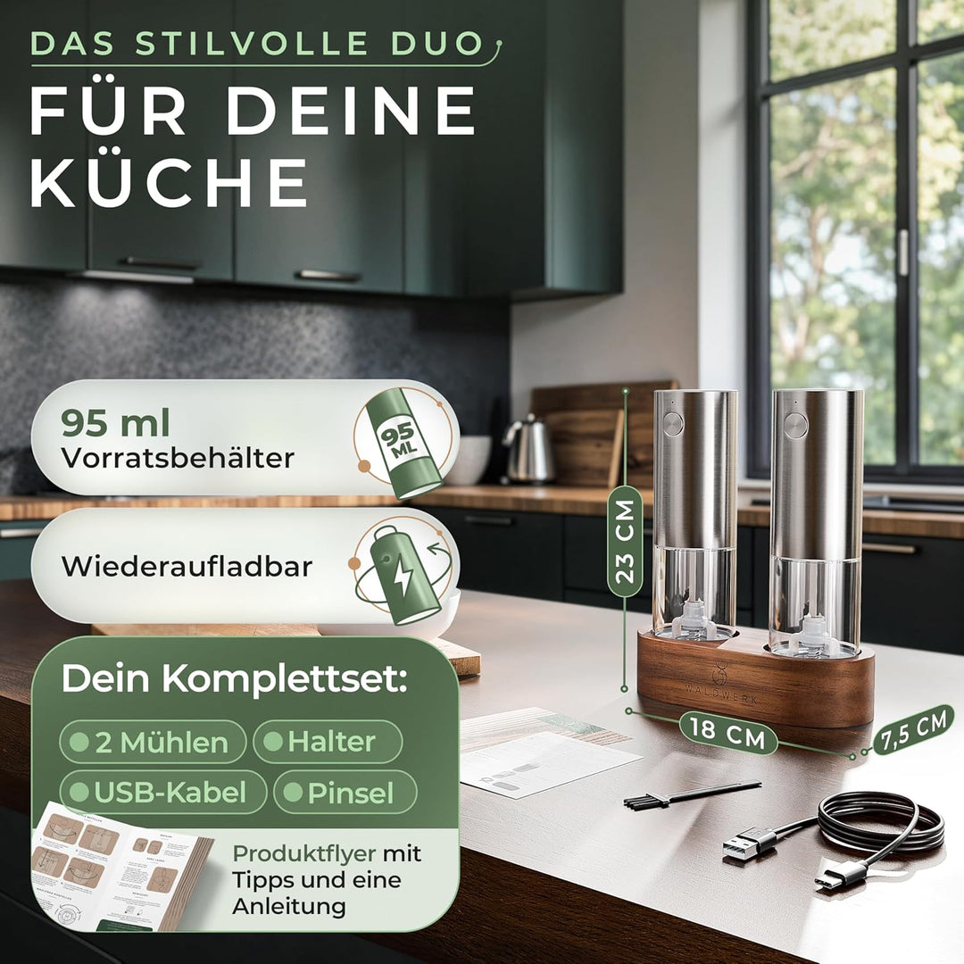 WALDWERK Elektrische Salz- und Pfeffermühle (300 mAh Akku) - Edle Akazie-Halterung - Elektrische Müh