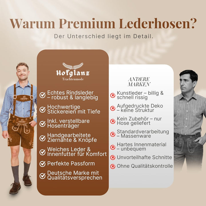 HOFGLANZ® Trachten Lederhose Herren Kurz - Hochwertige Trachtenhose für Herren mit Hosenträgern - Tr