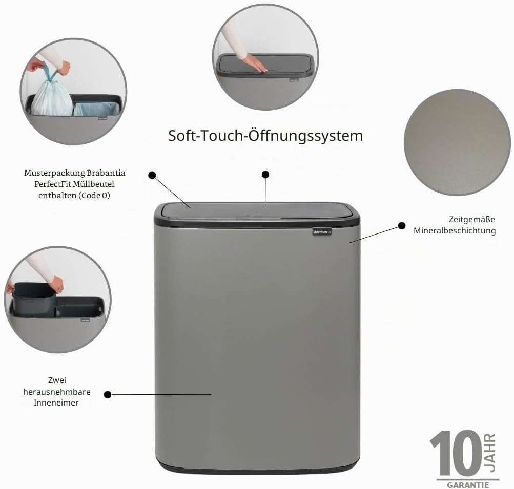 Brabantia 221460 Bo Touch Bin – 2 x 30 Liter Inneneimer (Mineralbeton grau) Abfalleimer / Recycling